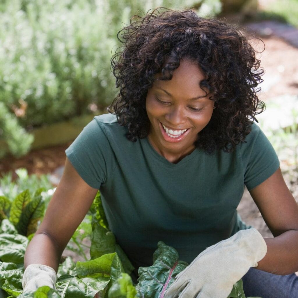 Photo of black woman, wearing a dark green shirt and white gardening gloves,  She's sitting down while gardening, 