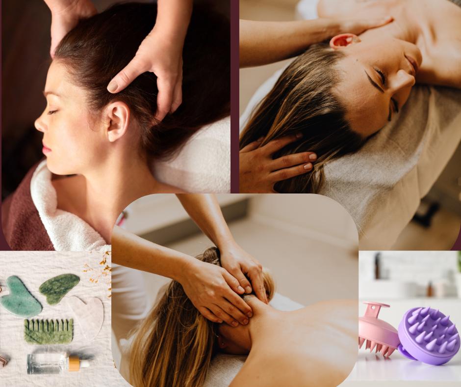 Photo collage of women getting restorative head massages